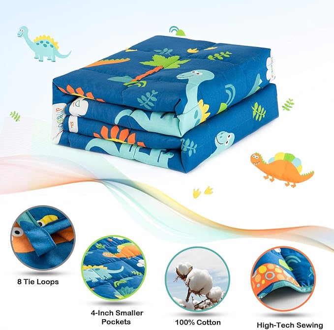 Sivio Weighted Blanket - All-Natural 100% Cotton Weighted Blanket 10 lbs 41 x 60 inches, Breathable Soft Throw Blanket for Calm Sleeping for Home and School Nap, Blue Dinosaur
