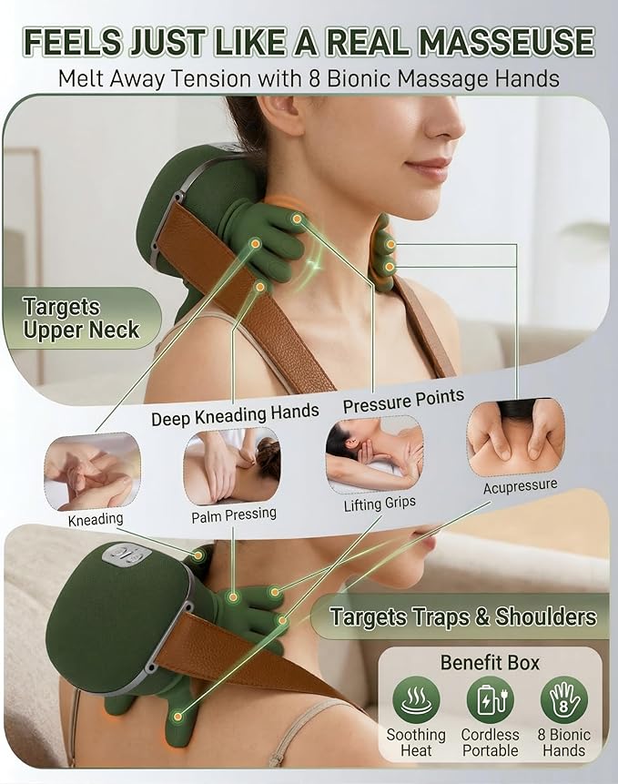 N7 Bionic Neck and Shoulder Massager, Heated Real-Hand Massagers with Fingers for Back Muscle Pain Relief, Portable & Lightweight Design