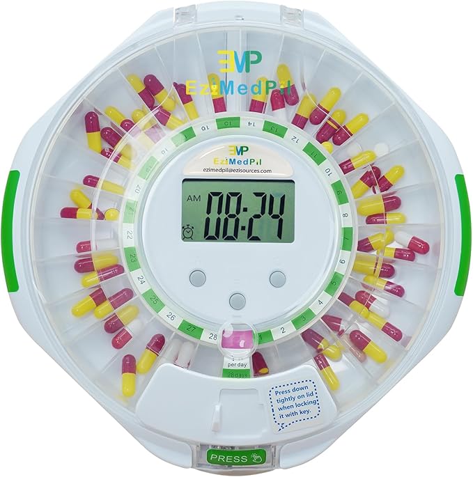 EziMedPil Automatic Pill Dispenser w/Visual &Audio Alerts, up to 6 Alarms/Day, 9 Dosage Templates, Easy-Read LCD Display, Lock Medication Dispenser w/Key for Vitamins, Prescriptions & More, Clear Lid