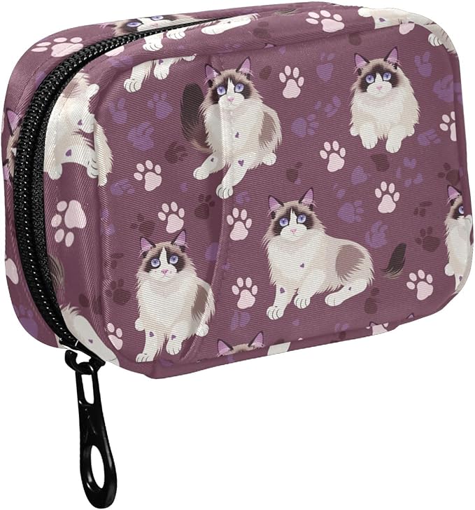 Fustylead Pill Organizer Travel Bag, Small Portable Pill Case Cute for Vitamin Fish Oil Supplements Medicine Organizer with Zipper (Purple01 Ragdoll Cat)
