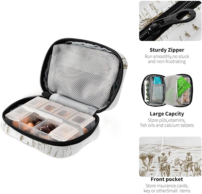 Ollabaky American Wild West Desert Cowboys Cactus Pill Organizer Travel Pill Cases Bag Portable Pill Container 7 Days Pill Box Organizer Vitamin Supplement Holder with Zipper for Family