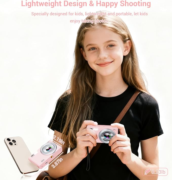 Digital Camera,Upgraded FHD 4K Pink Digital Camera for Teens Girls,Compact Digital Cameras with 64GB Memory Card,2 Batteries,Small Camera with 16X Autofocus Digital Zoom for Vlogging