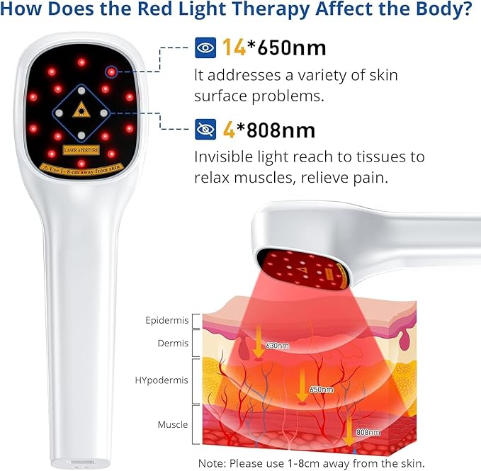 Red Light Therapy Device for Humans & Dogs, Infra Red Light Therapy for Body Pain Relief, Handheld Cold Laser Therapy Device for Joints and Muscle Pain (4x808nm + 14x650nm）