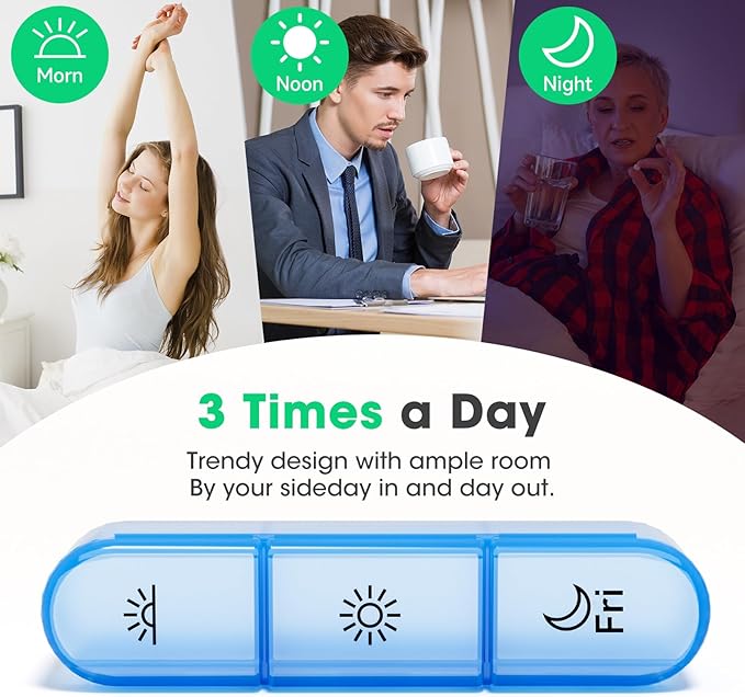 3 Times a Day Pill Organizer - 7 Day Portable Weekly Pill Box, Travel Pill Case with Snap-Locked Compartments, BPA-Free for Vitamins & Medication(Clear)