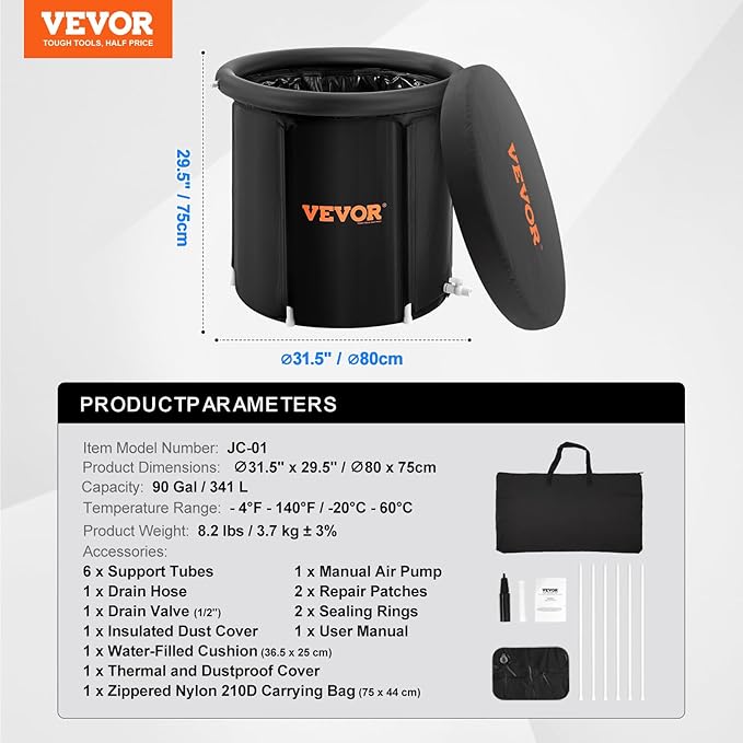 VEVOR Ice Bath Tub, Cold Water Therapy Plunge Tub for Athletes, Portable Outdoor Ice Barrel Plunge Pool for Recovery, 90 Gal Inflatable Folding Bathtub with Cover, Home Ice Pod for Adult, 32"Lx30"H