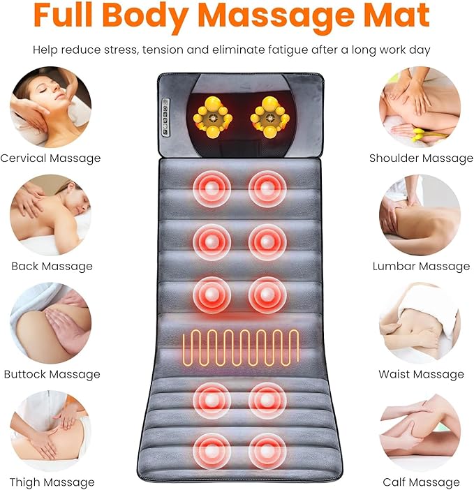 KOCASO Full Body Electric Massage Mat with Heat Vibration-53.14 * 19.68 inch Massage Pad Back Massage Mattress Chair Pad with Neck Pillow with 10 Vibration Motors Timer for Home Office (Advanced)