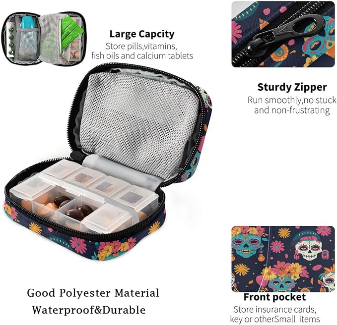 Fustylead Beautiful Sugar Skulls Women and Floral Pill Organizer for Purse, Weekly Portable Pill Box with Zipper to Storage Vitamins Fish Oils Medications Supplements
