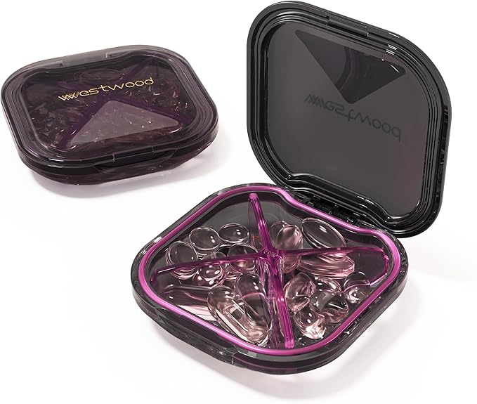 4-Compartment Pill Organizer, Small Purple Portable Pill Case for Daily Vitamins, Supplements & Medication, Travel-Friendly Compact Design, Stylish Cute Medicine Pill Box Pill Holder