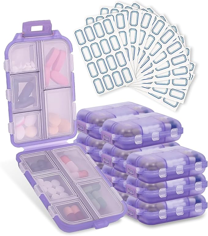 INVODA 12PCS 10-Compartment Pill Organizer BPA-Free Travel Pill Case with Daily Labels Portable Medicine Box for Vitamins, Supplements & Jewelry
