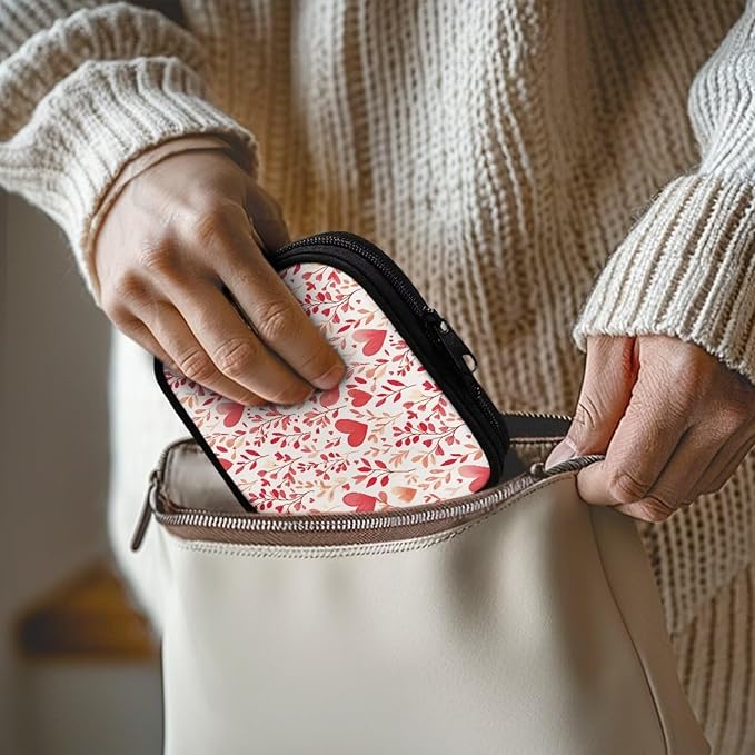 Heart Print Travel Medicine Case Leaves Weekly Pill Organizer Box Washable Small Vitamin Storage Bag Portable Supplement Holder with Zipper