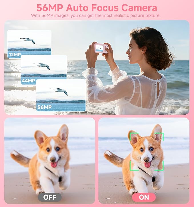 Camera Digital,56MP Dual-Screen Travel Camera with Auto Focus,Smile Capture,Anti-Shake,16X Zoom,32GB SD Card Compact Cameras Gift for Boys Girls Teens