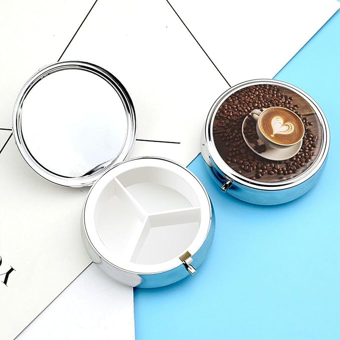 Coffee with Heart Pattern Pill Box 3 Compartment Small Pill Case Portable Pill Box for Pocket Or Purse Round Metal Pill Box Cute Medicine Organizer Holder to Hold Vitamins Medication