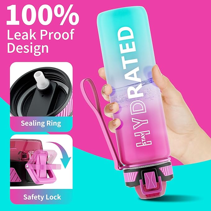 Water Bottle with Straw, 27oz Motivational Water Bottles with Time Marker to Drink, Tritan BPA Free, 750ml Sports Water Bottle with Carry Strap LeakProof for School Fitness Outdoor (1Pack)