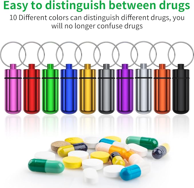 Small Portable Pill Case with Keychain, (10 Pack + 10 Carabiner Clips) Waterproof Aluminum Pill Organizer Metal Mini Box Pocket Drug Storage Container for Outdoor Camping Travel