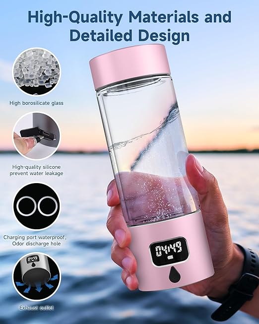 Hydrogen Water Bottle - Portable Rechargeable Water Bottle with LED Timer, Aluminum and Glass, 5000 PPB Hydrogen Production, Gift for Husband Wife Father Friend Client (Pink, 11.6Oz)