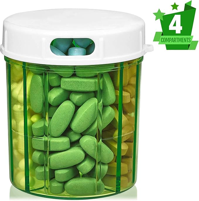 Round Pill Organizer Dispenser - Pill Boxes with 4 Compartments for Medication, Vitamins & Supplements Bottle Daily Pill Case Reminder Box