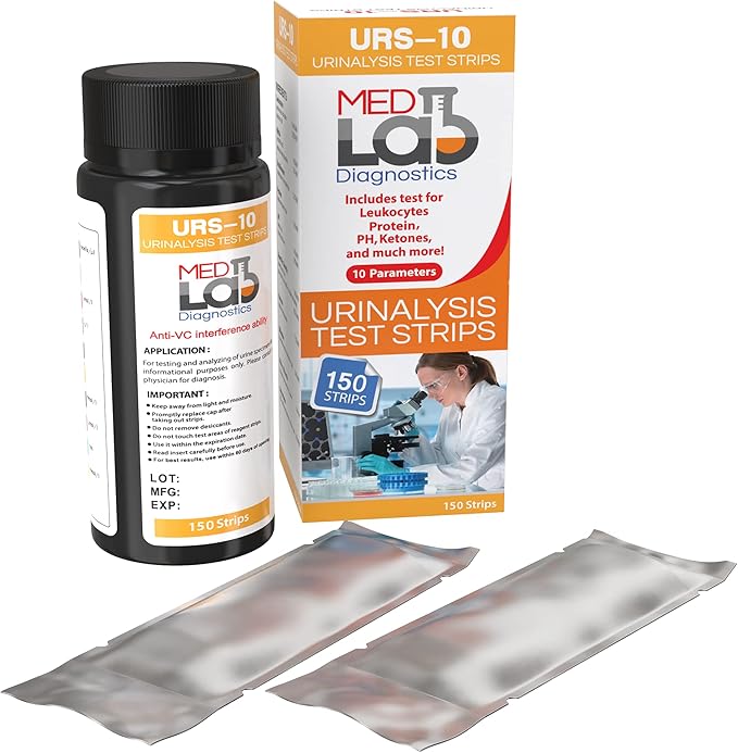Med Lab Diagnostics 10 Parameter Urine Test Strips for Urinalysis(150 Cnt) in Sealed Pouches. Tests for Ketosis, pH, Protein, UTI, Kidney and Liver Function