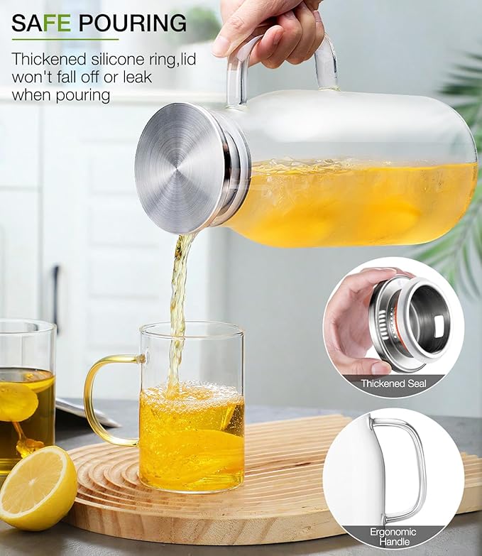 LUNA&MANTHA Glass Pitcher, 2 Liter 68oz Water Pitcher with Lid and Spout, Large Ice Tea Jug for Fridge, Thick Drink Jug with Handle for Juice, Coffee, Borosilicate Glass Carafe Hot/Cold Beverage