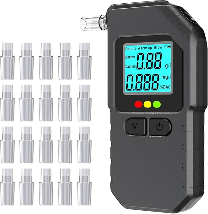 Breathalyzer Digital BAC Tester, Handheld Breath Alcohol Tester for Car, Home & Travel, Laboratory-Grade Dual-Core Processor, LED & LCD Display, Rapid Detection, History Memory, 20 Mouthpieces