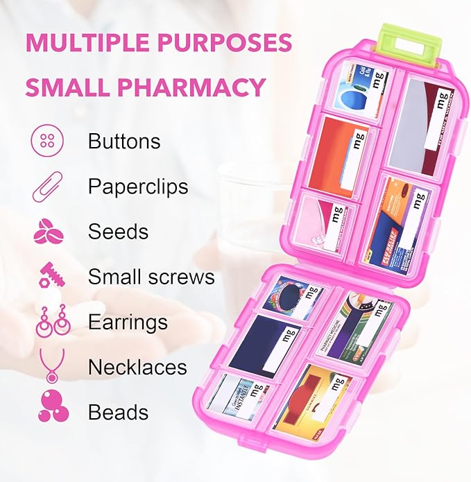 Large Travel Pill Organizer with Medicine Labels, 10 Compartments Travel Pill Box Medicine Organizer Purse Pill Case Daily Pill Container (Pink, 189 Lables)