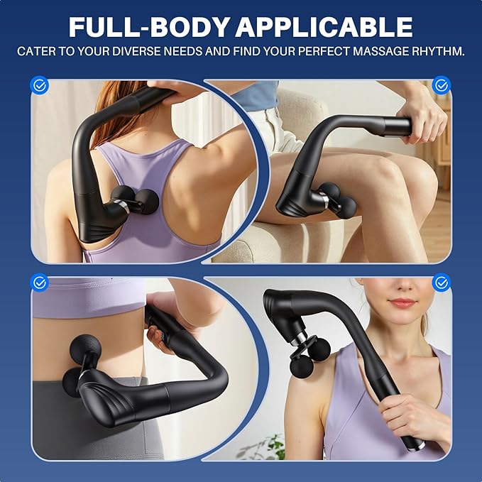 Dual-Head Massage Gun Deep Tissue with Extension Handle, Percussion Muscle Massager for Back, Neck, Shoulders, Waist & Legs, 12 Speed Levels, 5 Replaceable Heads, Pain Relief (Black)