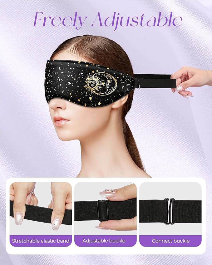 Silk Weighted Eye Mask - Microwave Eye Mask Heat and Cold Warm Compress for Sleeping Dry Eyes Pillow Soft Smooth Lavender Mulberry Silk Sleep Mask for Women Wife Mom - Black Sun Moon
