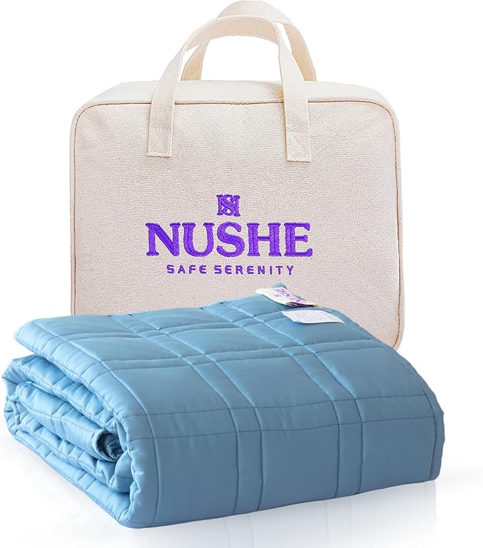 Weighted Blanket for Adults (20 lbs, 60”x80”, Blue) Queen Size. 100% 300TC Viscose, Derived from Bamboo-Premium 7 Layer Cooling Weighted Blankets. Breathable Blanket with travel bag & Machine Washable