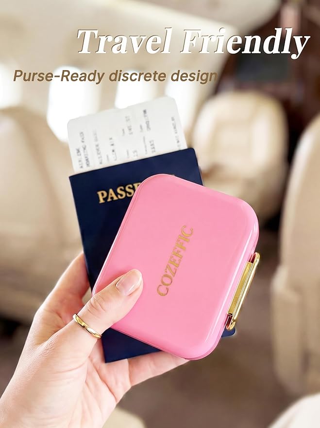 Small Pill Case Travel Pill Box with 7 Compartments for Purse - Compact Pill Organizer for Medicine Vitamin - Portable Container for Fish Oil & Supplements - Soft Pink