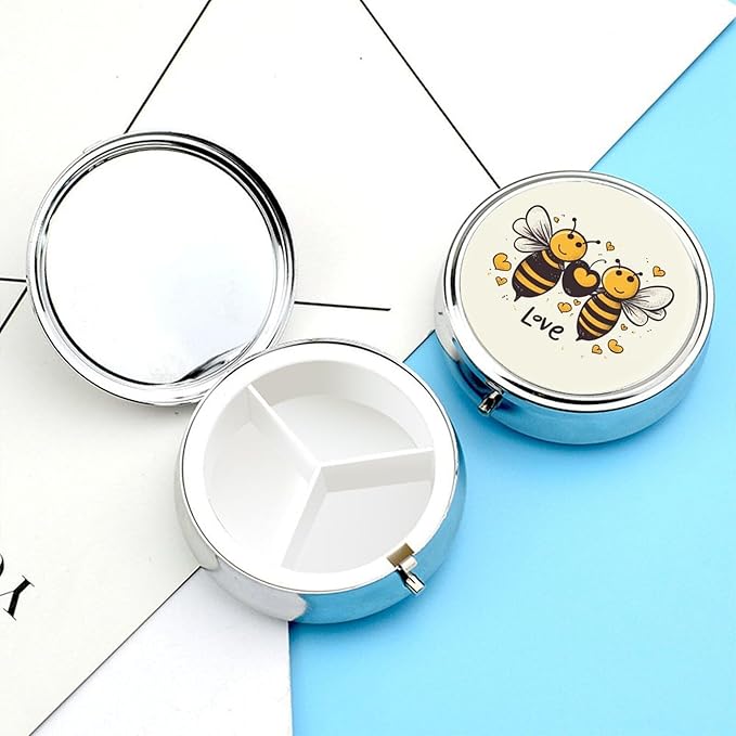 Bee Love Honey Pill Box Travel Pill Case for Purse Pocket Weekly Medicine Organizer with Mirror 3 Compartment Round Medicine Case Portable PillcaseHolder for Daily