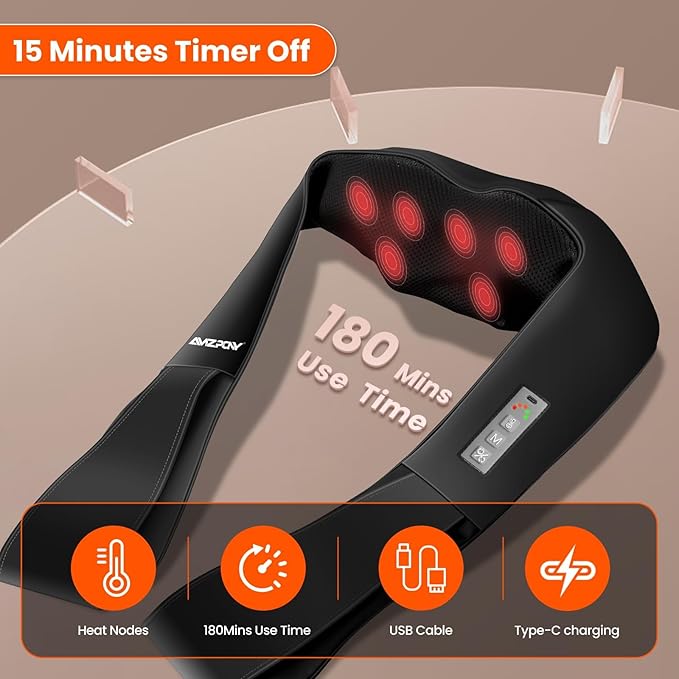 AMZPONY® Cordless Neck Massager for Pain Relief Deep Tissue, Rechargeable Shiatsu Neck and Back Massager with Heat Kneading Shoulder Massage for Body Muscle Pain Relief,Gifts for Mom Dad Friends