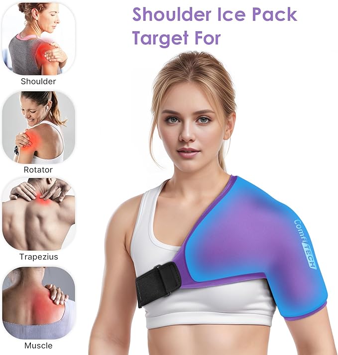 Comfitech Shoulder Ice Pack Wrap Sleeve for Better Putting On & Off, Reusable Gel Cold Pad for Arm, Medium, Purple
