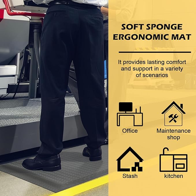 2 x 5 FT Anti Fatigue Mats Industrial 15/16 Inch Thick Soft Sponge Ergonomic Mat Durable Heavy Duty Diamond Plate for Standing Non Slip Industrial Grade Floor Mat for Leg & Back Pain (Gray)
