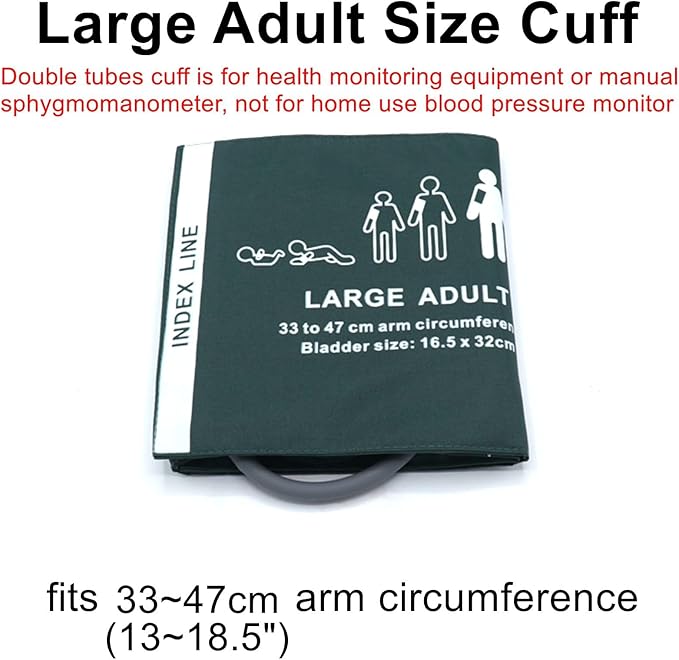 Replacement Cuff with Dual Tubes + BP12 Connectors for Large Adult 33-47 cm, Nylon Reusable Blood Pressure Adult BP Cuff for Large Arm