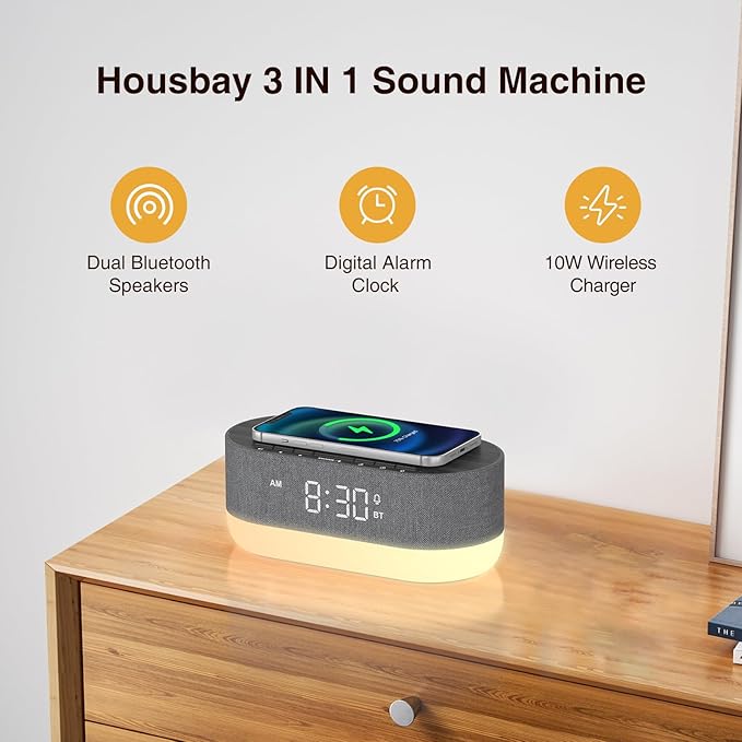 HOUSBAY Sound Machine with Alarm Clock for Bedrooms, Dual Speakers, 21 HiFi Sounds, 10W Wireless Charger, Unlimited Sound, Bluetooth, 10 Night Light, White Noise Machine for Sleeping, Black