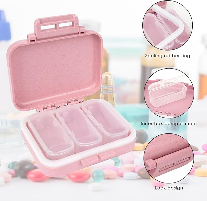 2-Pack Daily Pill Organizer, Wheat Straw Fiber Portable Medicine Case with 3 Removable Compartments & Labels (Beige/Pink)