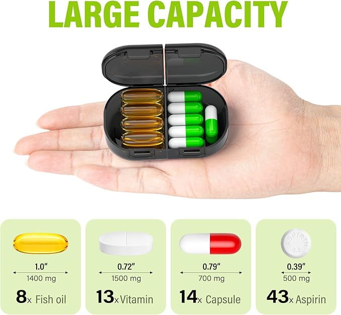 Vikie Weekly Pill Organizer 2 Times a Day with AM PM Sections, BPA-Free, Portable & Moisture-Proof for Pills, Vitamins, Supplements (2x7 Black)