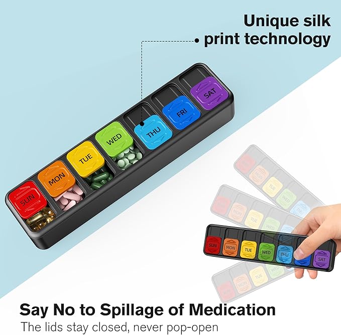 Restree Weekly Pill Organizer Once a Day, Daily Medicine Organizer with Slide-Lid, 7 Day Portable Travel Pill case, Vitamin & Supplement Organizer (Black)