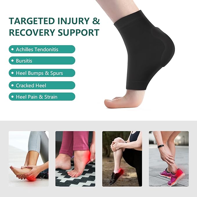 Welnove Achilles Tendonitis Heel Protector Socks - 4 Pcs Achilles Tendon Support Compression Socks - Gel Padded Sleeve for Cushion & Protection of Bursitis, Tenderness, Dry Cracked (Black,Larger)