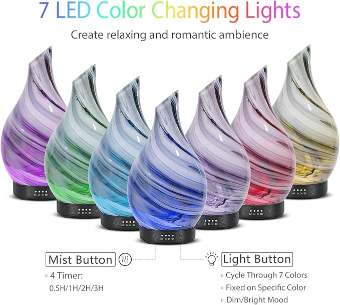 Essential Oil Diffuser Aromatherapy Diffuser - Art Glass Oil Diffuser with Auto Shut-Off Protection 4 Timer Setting 7 Colors Changed LED Night Light for Home Office Decor Gift (Grey Wave)