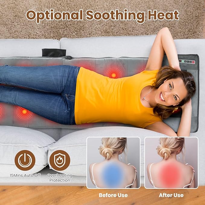 Full Body Massage Mat with Heat, Full Body Vibrating Heating Pad with Movable Shiatsu Neck Massage Pillow, 10 Vibrating Motors & 3 Heating Pads, Back Massager for Pain Relief