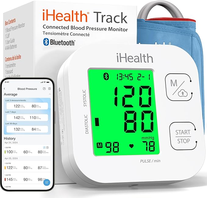 iHealth Track Smart Upper Arm Blood Pressure Monitor with Wide Range Cuff that fits Standard to Large Adult Arms, Bluetooth Compatible for iOS & Android Devices