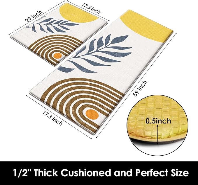 Anti-Fatigue Boho Kitchen Rug Set of 2 Cushioned Bohemian Kitchen Mats for Floor, Yellow Standing Mat Waterproof Non-Slip Kitchen Mats and Rugs PVC Ergonomic Comfort Foam Rug for Kitchen
