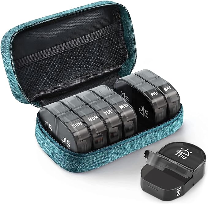 AUVON Canvas Bag Travel Pill Organizer 2 Times a Day, Large AM/PM Weekly Pill Box 7 Day Pill Case with Portable Cyan Zipper Cloth Bag for Holding Supplements, Vitamins and Fish Oils