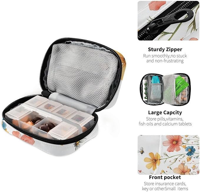 Pill Organizer Box Case Weekly Travel Pill Container Cute Pill Holder 7Day Vitamin Organizer Pill Dispenser Sorter Planner Storage Small Compact Red Wildflower Bees22