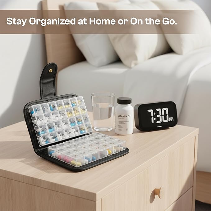 Week AM/PM Pill Organizer Box, Waterproof Travel Medicine Case, Portable Vitamin Holder, Compact Daily Pill Storage for Home, Office, and On-The-Go Use, Durable Med Organizer (Black)