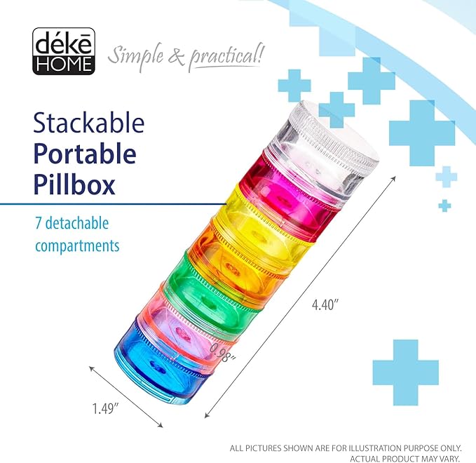 Deke Home - Stackable Pill Organizer (2 Pack), 7 Day Weekly Pill Box Tower with Twist Lock Compartments, BPA-Free, Travel Medicine Holder & Vitamin Dispenser, Compact & Portable Case, Rainbow Colored