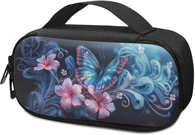 Blue Butterfly Flower Insulin Cooler Travel Carrying Case with Side Handle Diabetic Medication Organizer Case Insulated Cooling Bag for Insulin Pens Syringe Needle, Easy to Clean