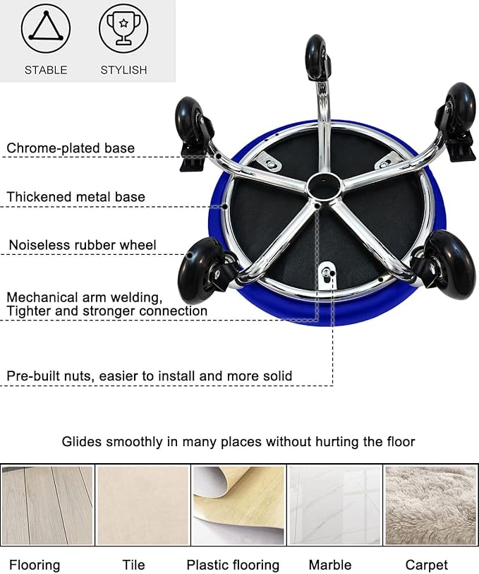 Rolling Stool with Backrest VAPAA TAIDE 450 Lbs High Weight Capacity PU Leather Roller Seat and Heavy-Duty Crystal Universal Wheels for Men Women Boy Girl Furniture Gift, Home Office Blue
