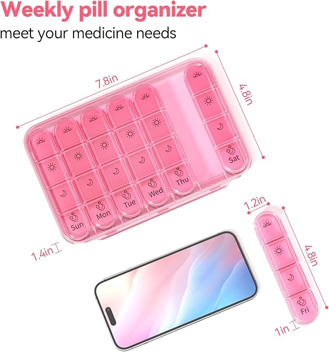 Zoksi Pill Organizer 4 Times a Day, BPA Free Weekly Travel Pill Box，Daily Pill Case with 28 Compartments to Hold Medicine, Vitamin and Supplement(Pink)