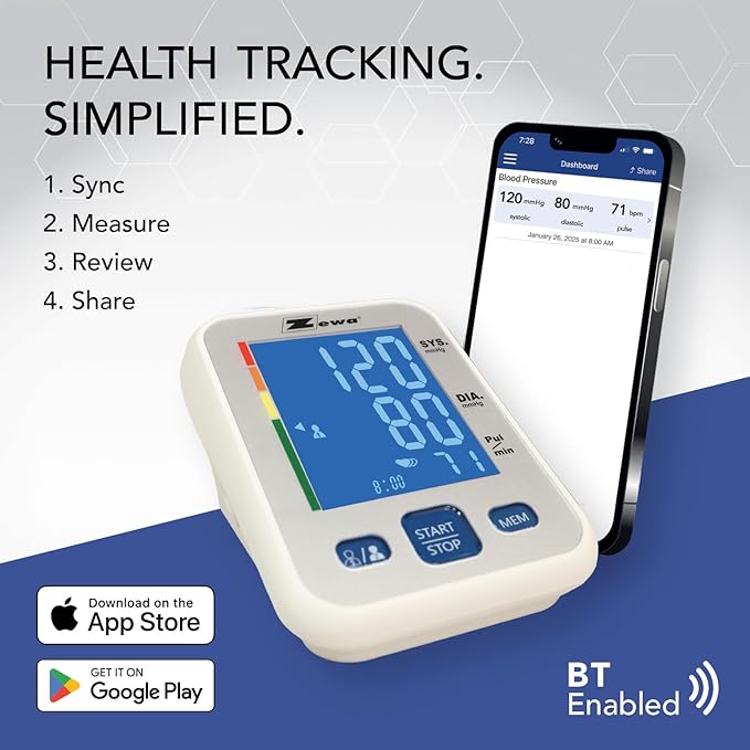 Zewa Premium Automatic Blood Pressure Monitor with Bluetooth and Extra-Large Display for Android & iOS